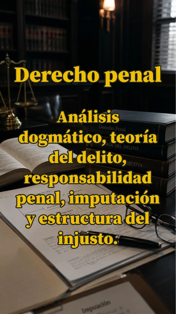 Imagen de derecho penal para el estudio dogmático de la teoría del delito, la responsabilidad penal, la imputación jurídica y la estructura del injusto penal.