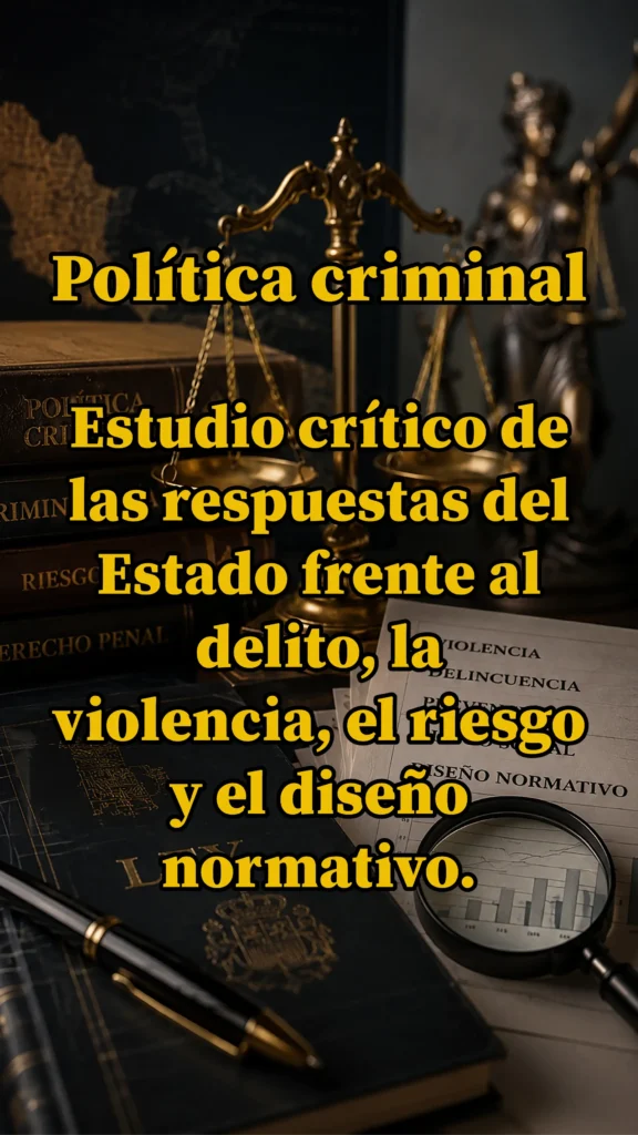 Imagen sobre política criminal, derecho penal e investigación jurídica aplicada, enfocada en el estudio crítico de las respuestas del Estado frente al delito, la violencia, el riesgo social y el diseño normativo del sistema penal contemporáneo.