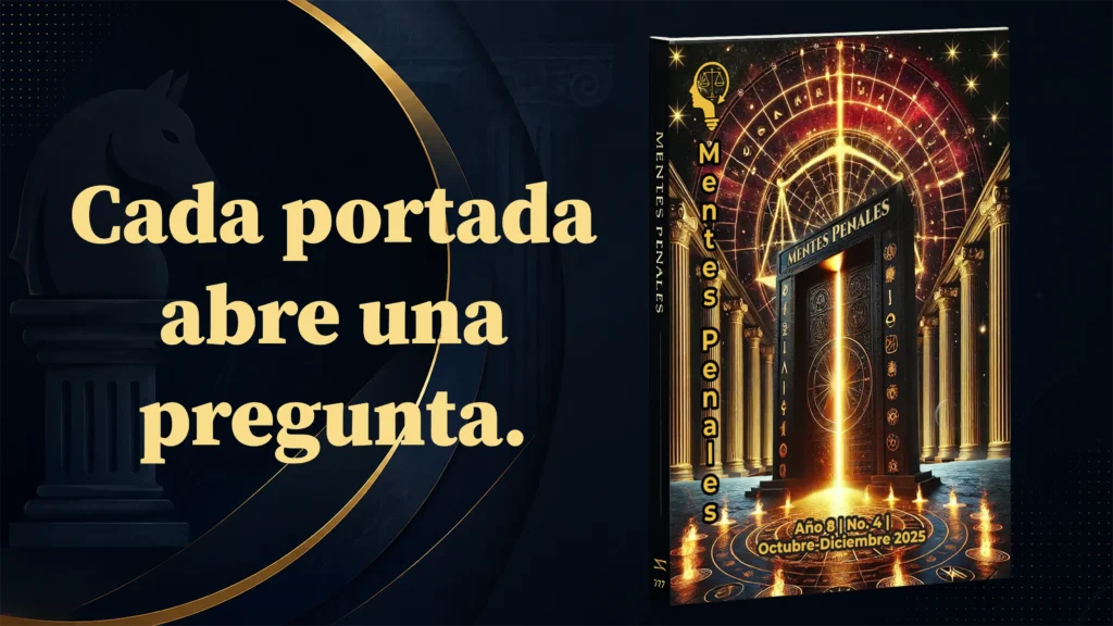 Imagen promocional de la revista Mentes Penales, dedicada al estudio del derecho penal, la política criminal y la praxis judicial, con la frase “La obra no se improvisa. Se construye” y una portada editorial con un caballo de ajedrez formado por libros.