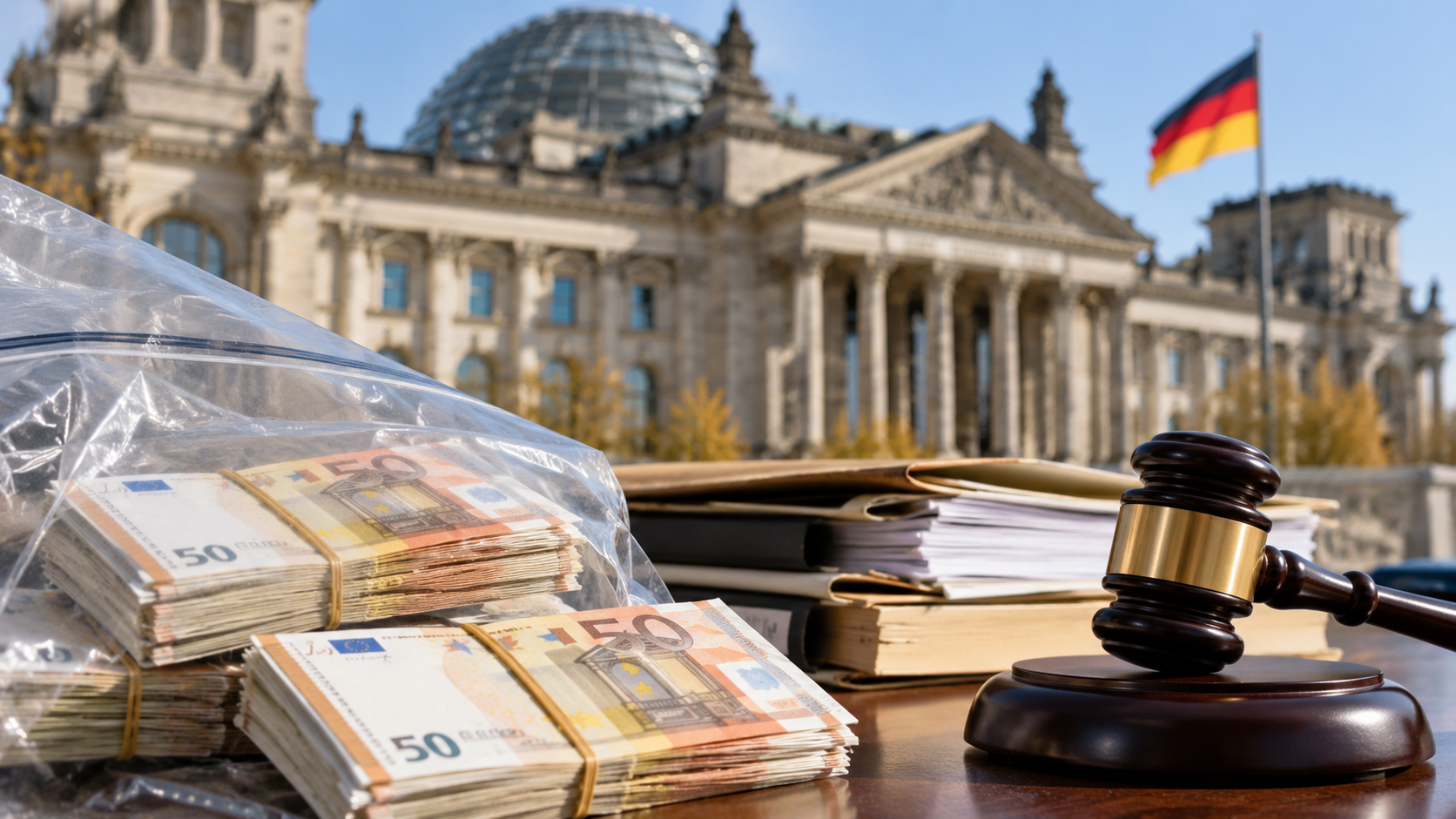 Ilustración de dinero, un mazo judicial y un tribunal alemán sobre el decomiso de bienes.