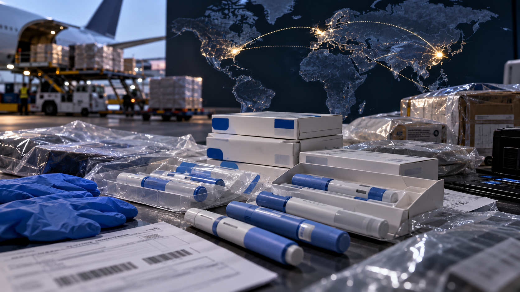 Ilustración de medicamentos inyectables, paquetes y transporte internacional.