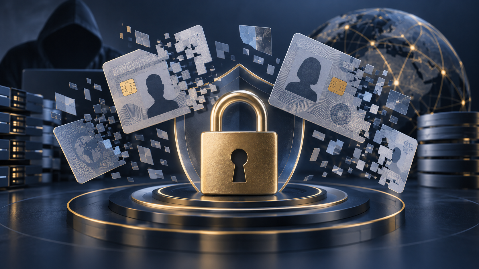 Ilustración conceptual de datos de identidad fragmentados y un candado digital.
