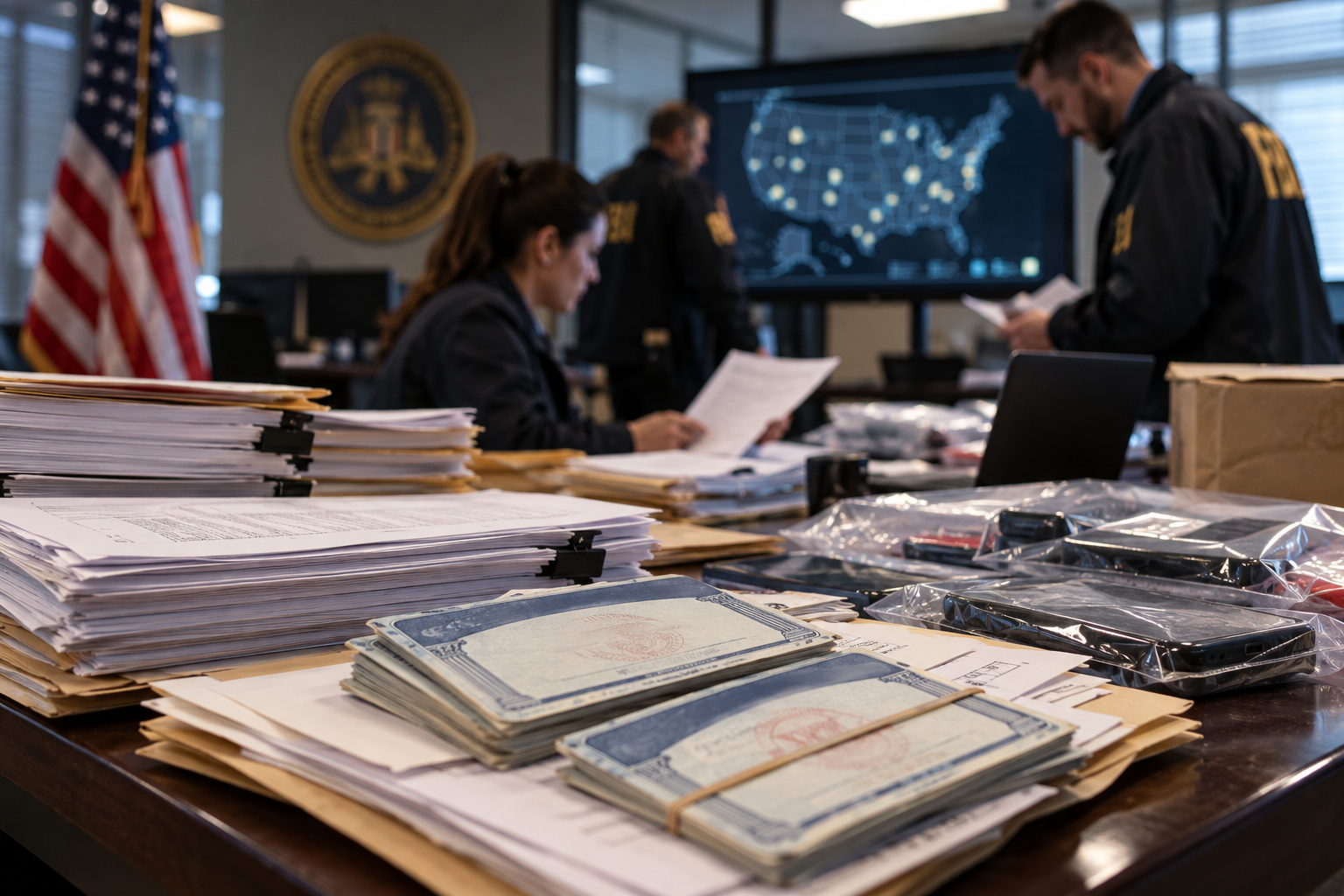 Ilustración de una investigación federal sobre documentos y beneficios del Seguro Social.