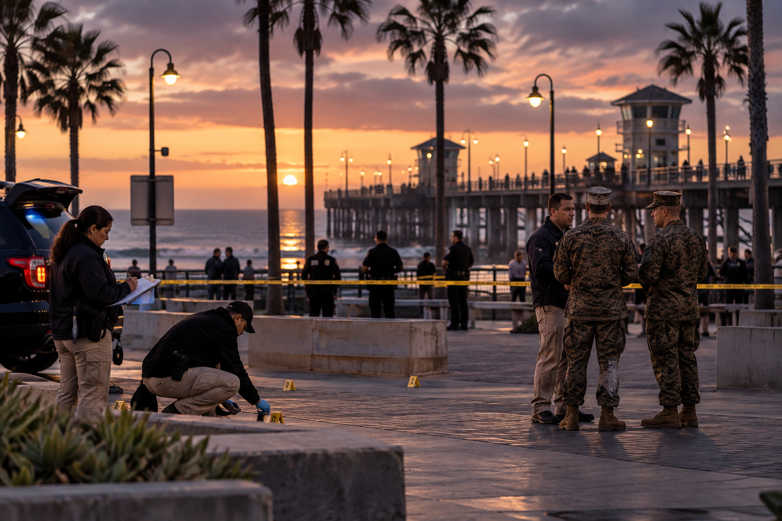 Ilustración de una investigación policial junto a un muelle de California.