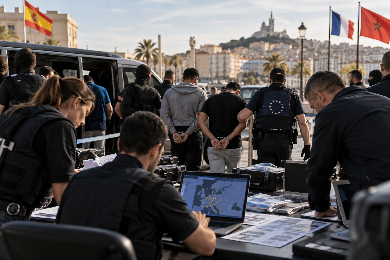 Ilustración de cooperación policial internacional y detenciones en Europa.